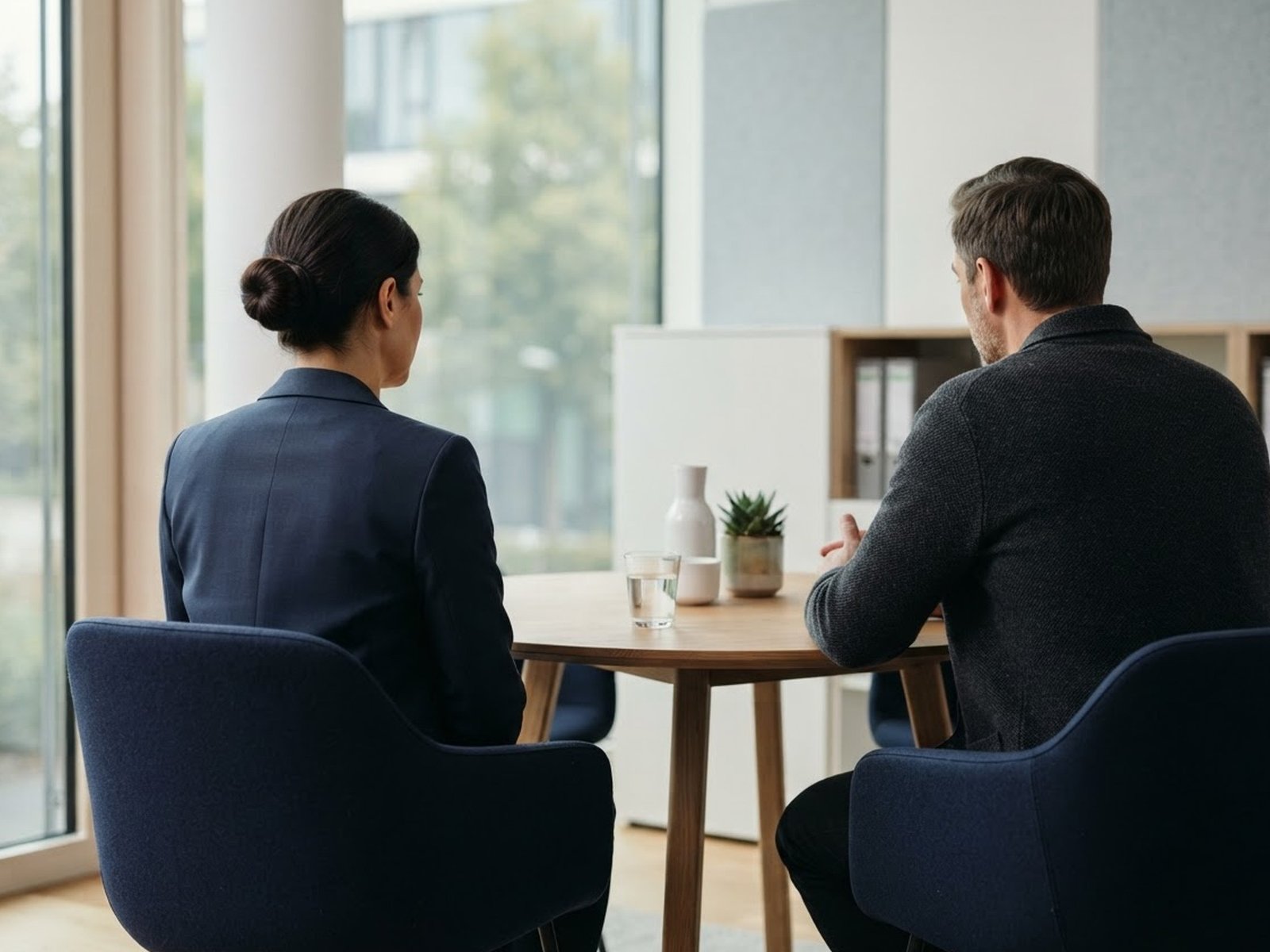 Beratungsgespräch am runden Tisch in einem hellen Besprechungsraum