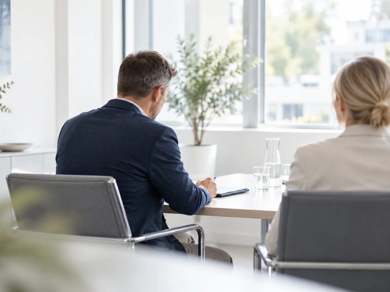 Beratungsgespräch an einem Tisch in einem hellen Besprechungsraum