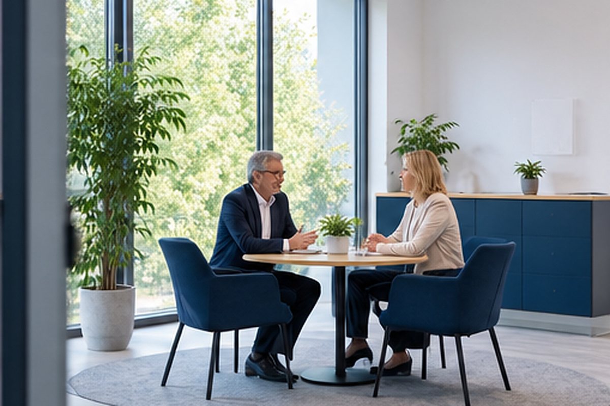 Beratungsgespräch am runden Tisch in einem hellen Besprechungsraum