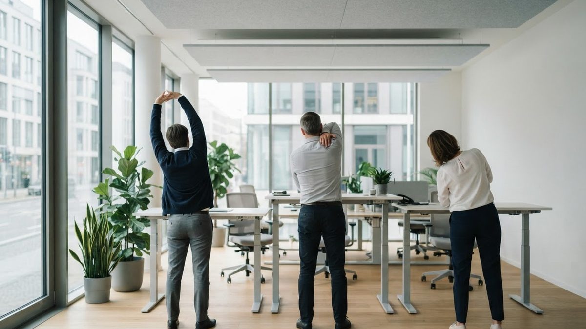 Bewegungspause im Büro: drei Personen dehnen sich an ihren Schreibtischen