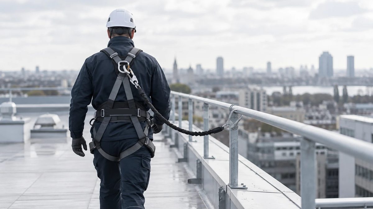 Person von hinten mit Auffanggurt, Helm und Verbindungsmittel am Geländer eines Flachdachs, Stadt im Hintergrund