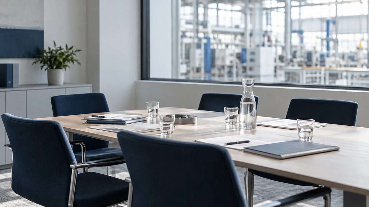Meeting table with five chairs, documents and a water carafe, a production hall behind the window