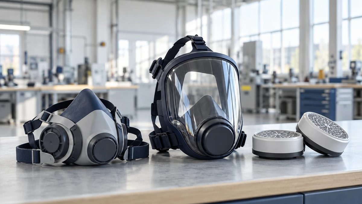 Halbmaske, Vollmaske und zwei Filter auf einer Werkbank, im Hintergrund eine helle Halle