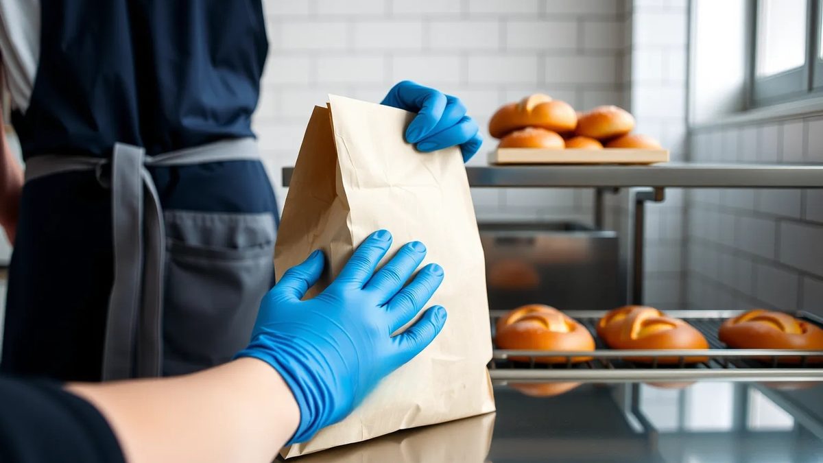 A paper bag of baked goods is handed over a stainless-steel counter by a hand in a disposable glove