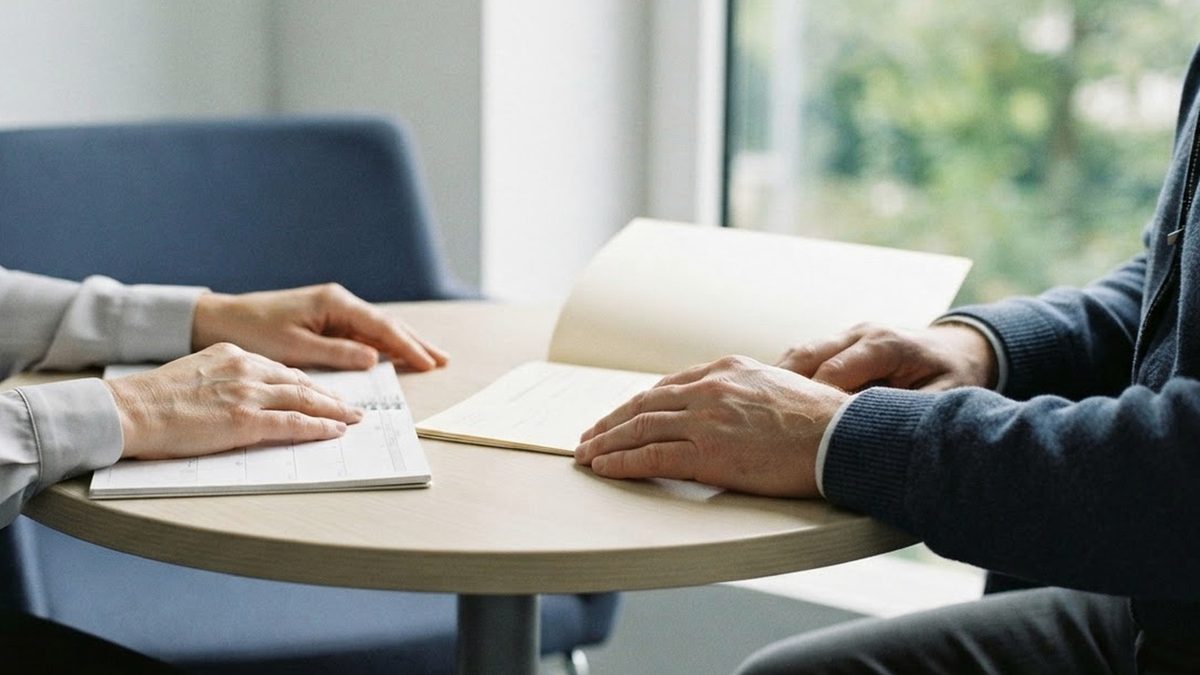 Hände auf Formularen an einem runden Tisch