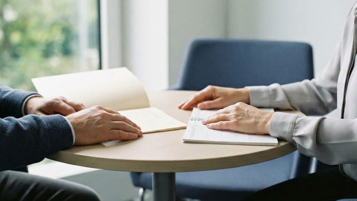 Two people discuss documents at a round table, only hands visible