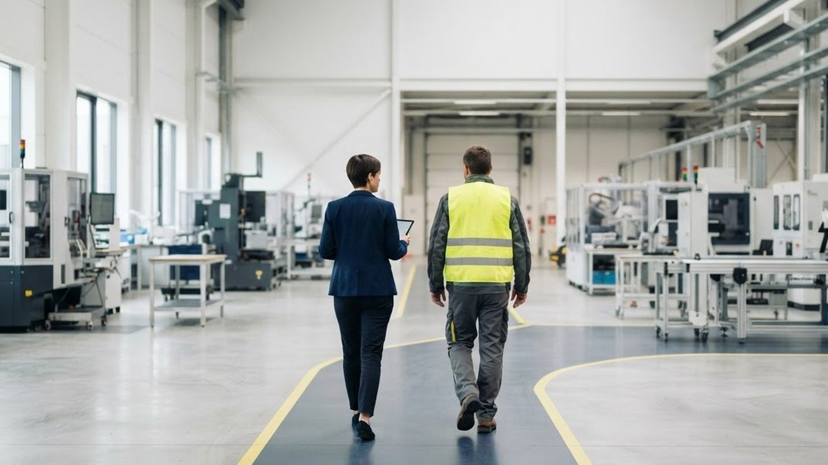Zwei Personen bei der Begehung einer Produktionshalle, von hinten gesehen
