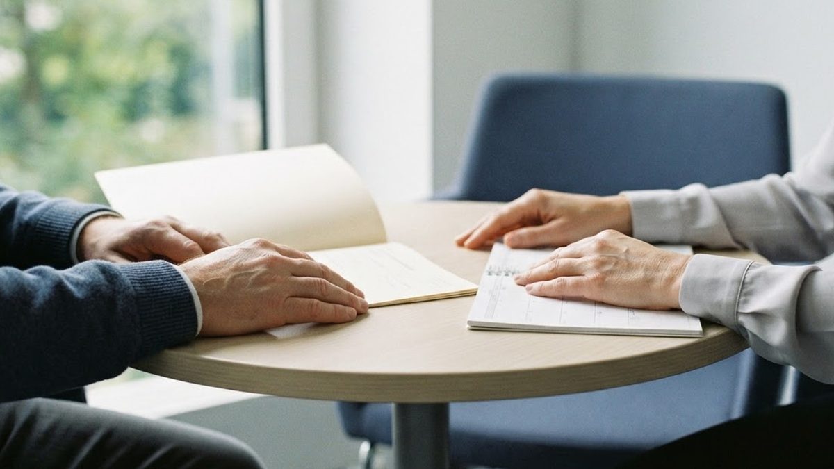Conversation about documents at a round table, only hands visible
