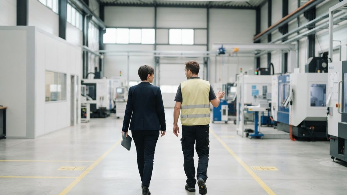 Two employees, one in a high-visibility vest, walk through a bright production hall