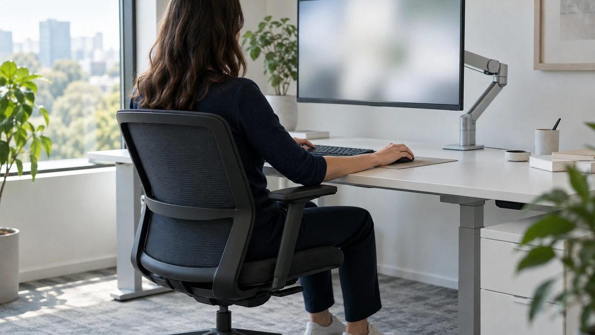 Ergonomic screen workstation: person seen from behind at a monitor on a swivel arm, external keyboard and mouse, window to the side