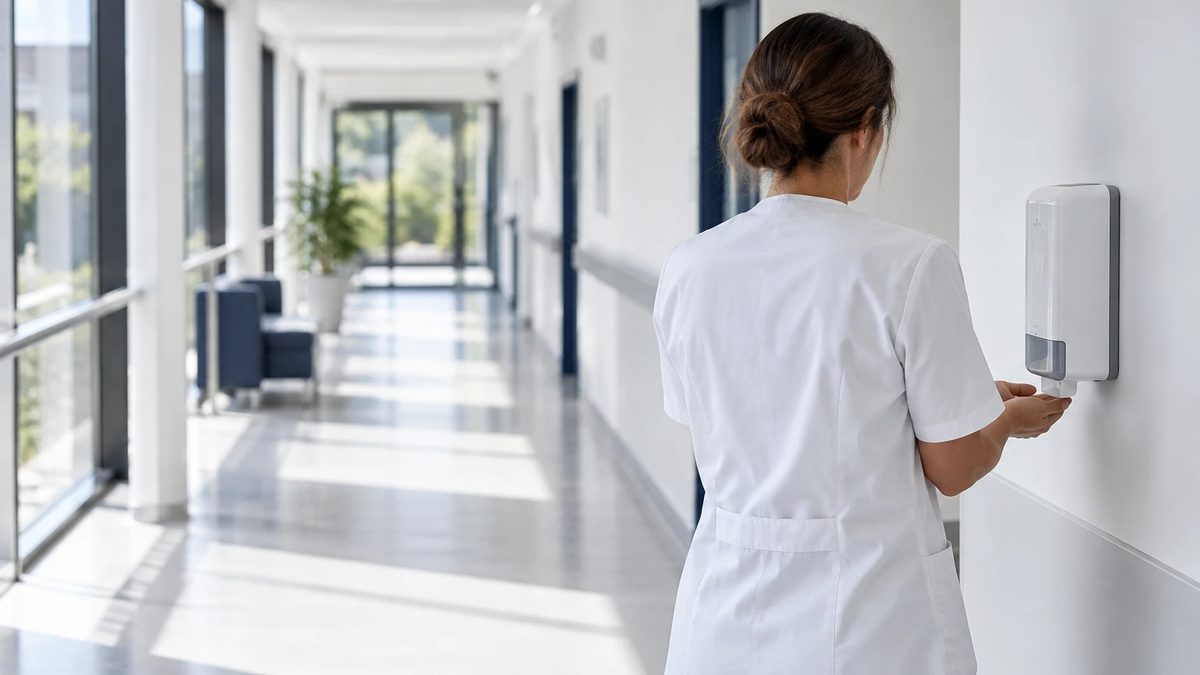 Pflegekraft von hinten desinfiziert sich die Hände an einem Wandspender in einem hellen Flur