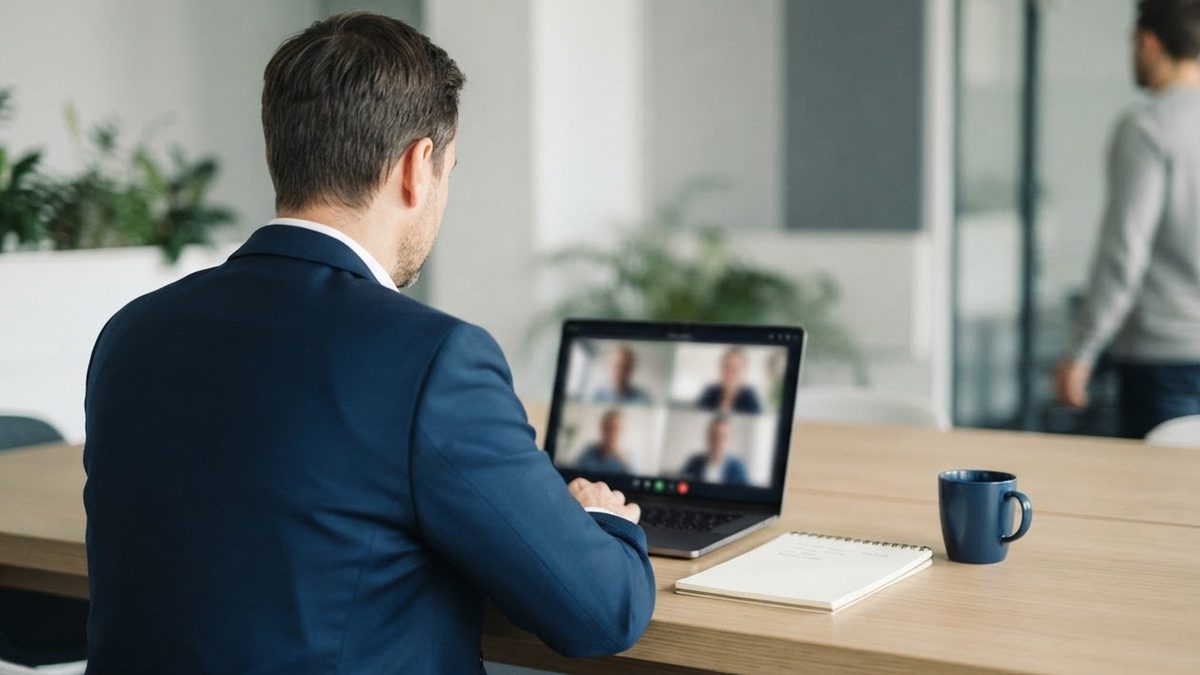 Video conference on a laptop in an office, person seen from behind