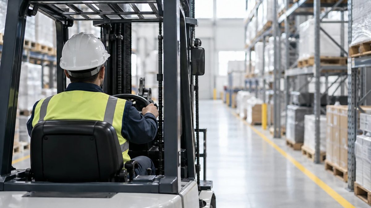 Gabelstaplerfahrer von hinten mit Helm und Warnweste im Lager, Hochregale und gelbe Bodenmarkierung