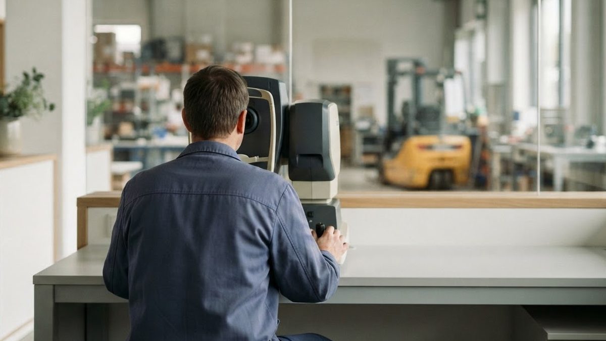 Eye test on a testing device, with a warehouse and forklift in the background