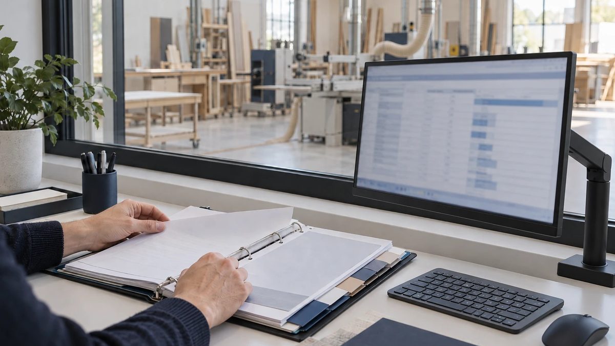 Hände blättern in einem Ordner mit Registerblättern, daneben ein Monitor mit einer Tabelle, hinter der Glasscheibe eine Tischlerei mit Absauganlage
