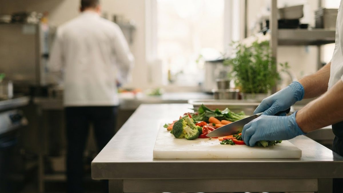 Hände in Einmalhandschuhen schneiden Gemüse auf einem Edelstahltisch einer Großküche