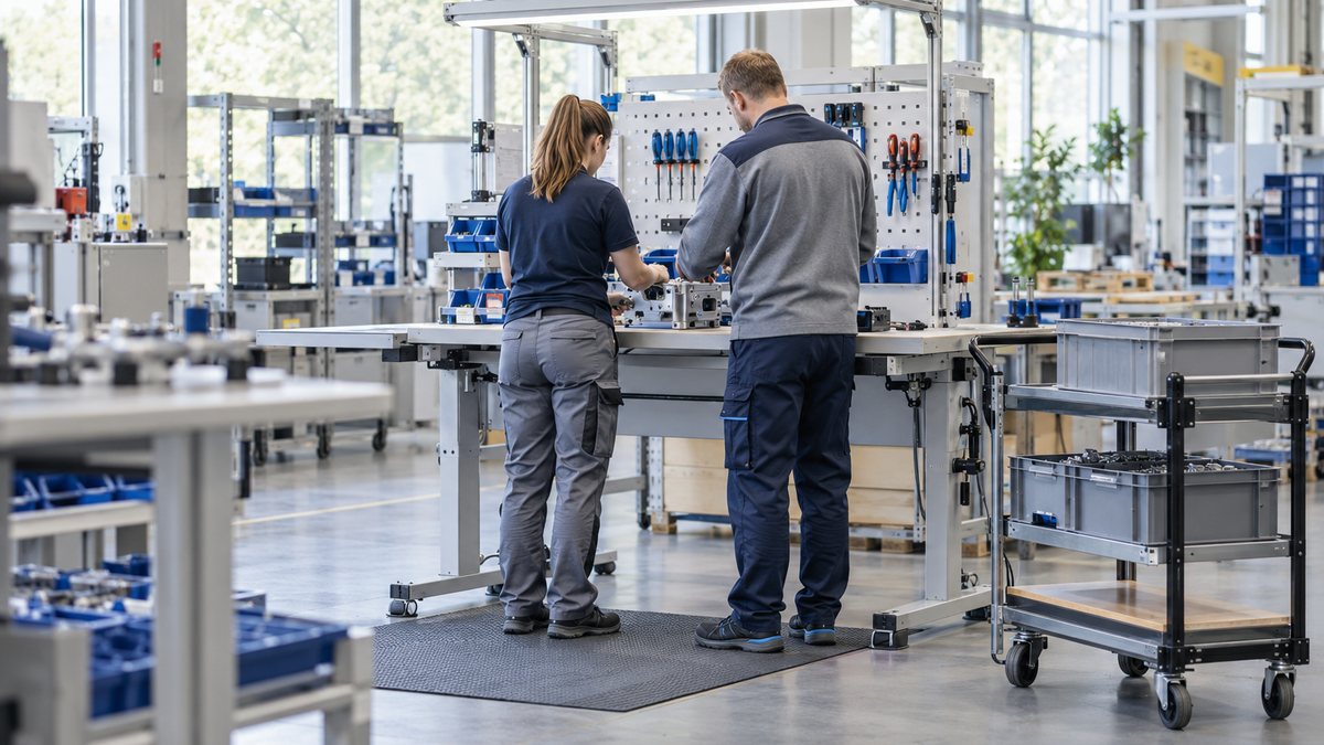 Two employees review workstation ergonomics in a bright production hall, seen from behind.