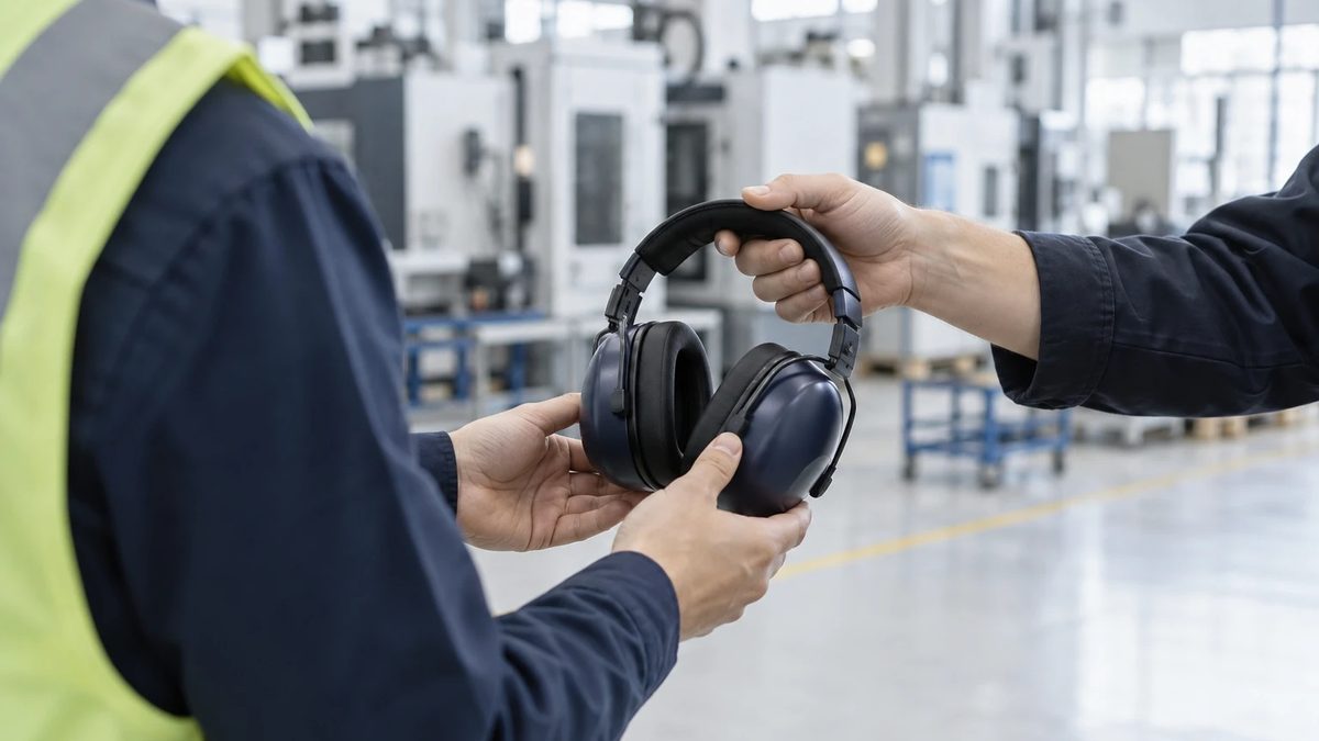 Übergabe eines Kapselgehörschutzes in einer Produktionshalle, nur Hände und Schulter sichtbar