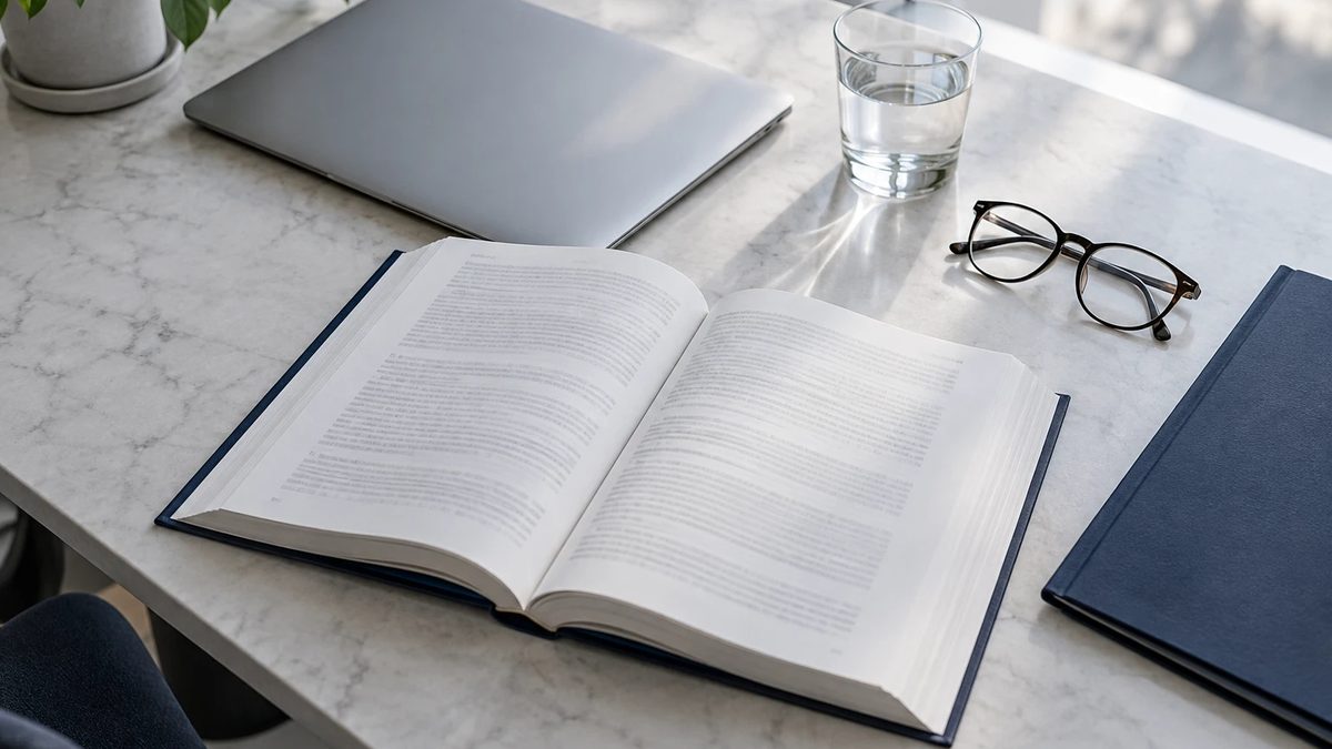 Aufgeschlagene Vorschrift auf einem Schreibtisch, daneben Brille, zugeklappter Laptop, Glas Wasser und dunkelblaue Mappe