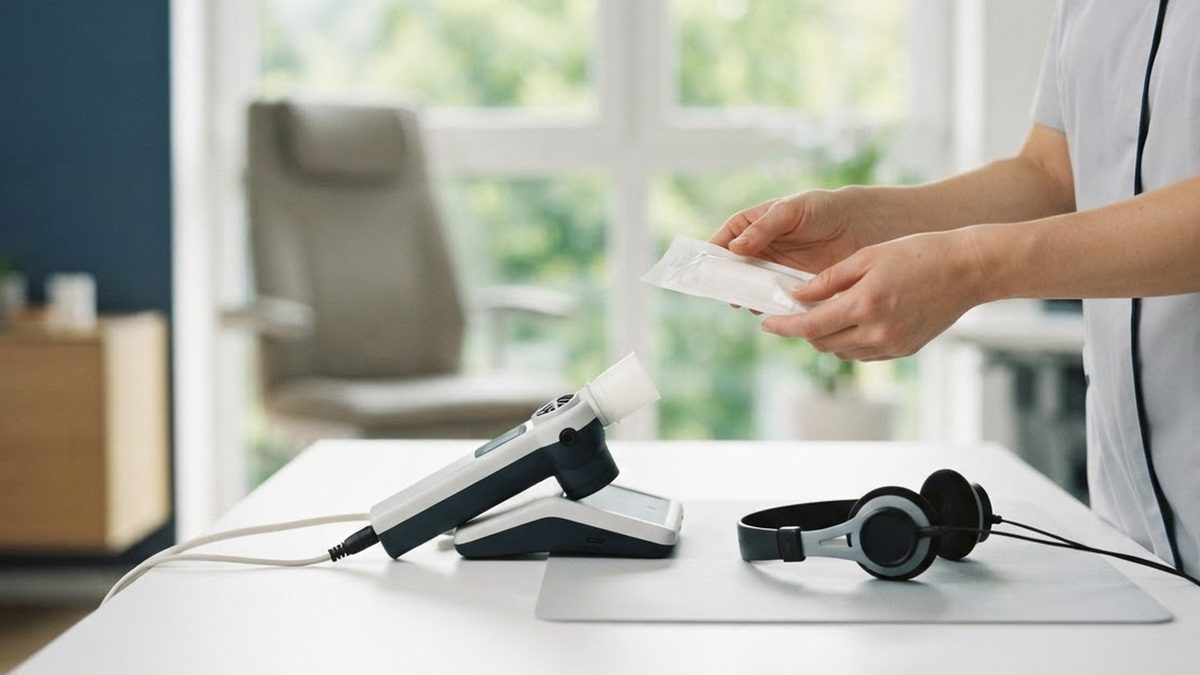 Hearing test and lung function test equipment on the table of an examination room