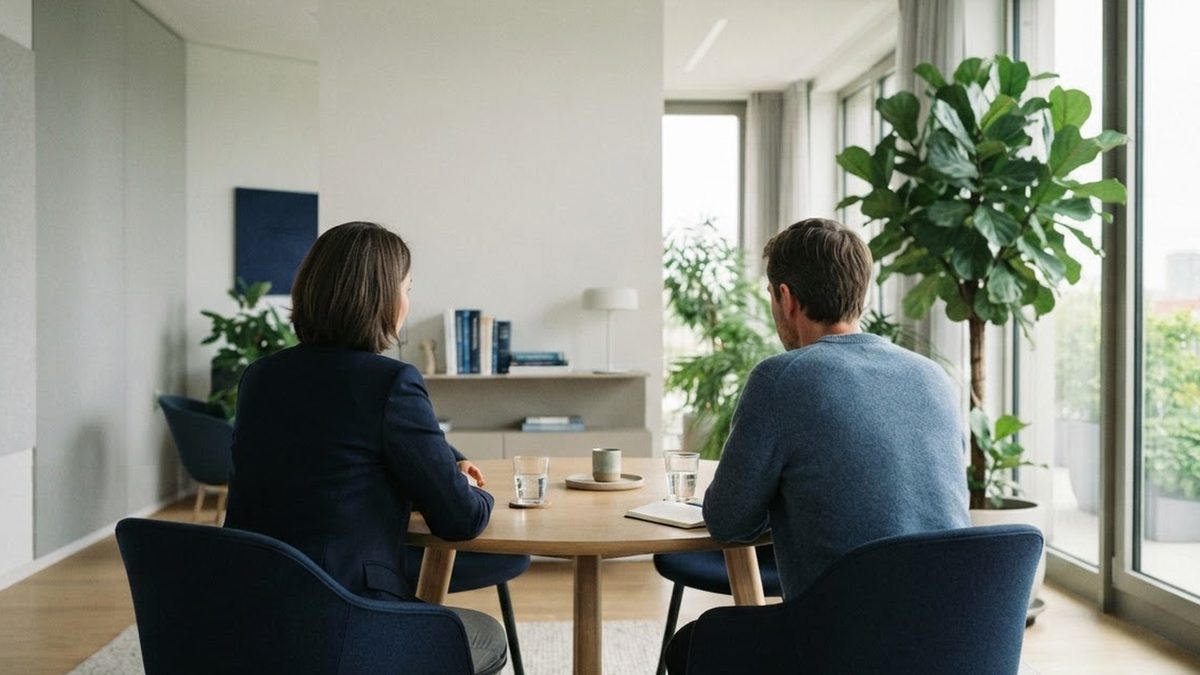 Confidential conversation between two people at a round table, seen from behind