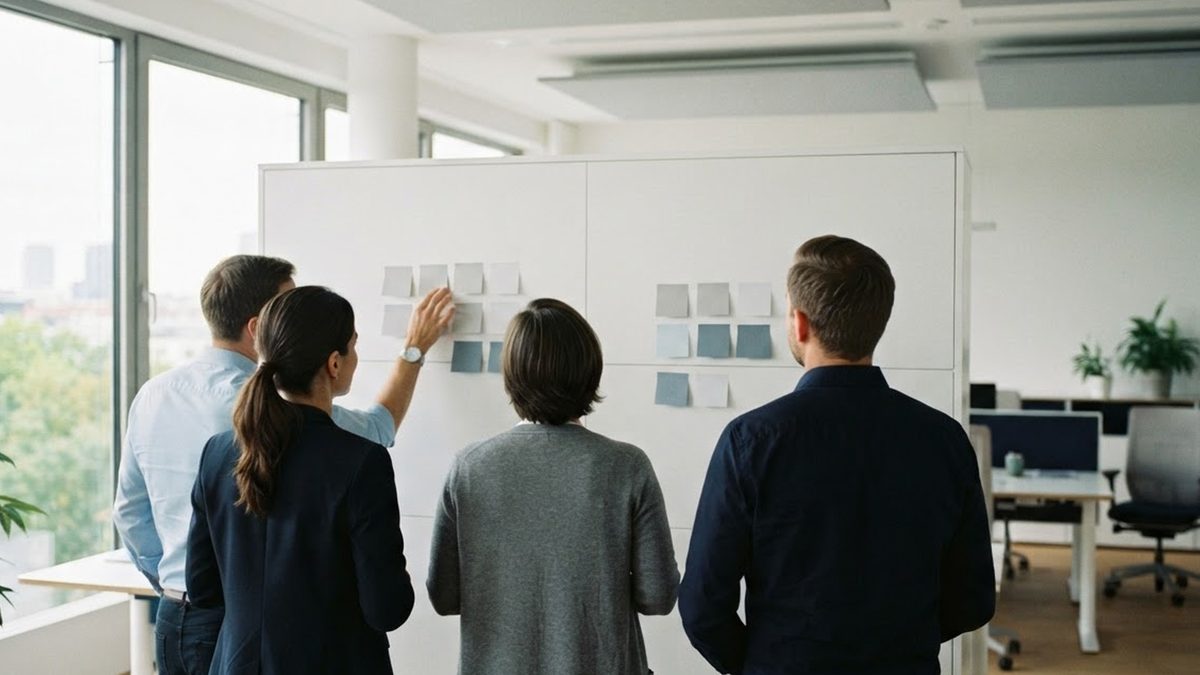 Four employees arrange cards on a facilitation board