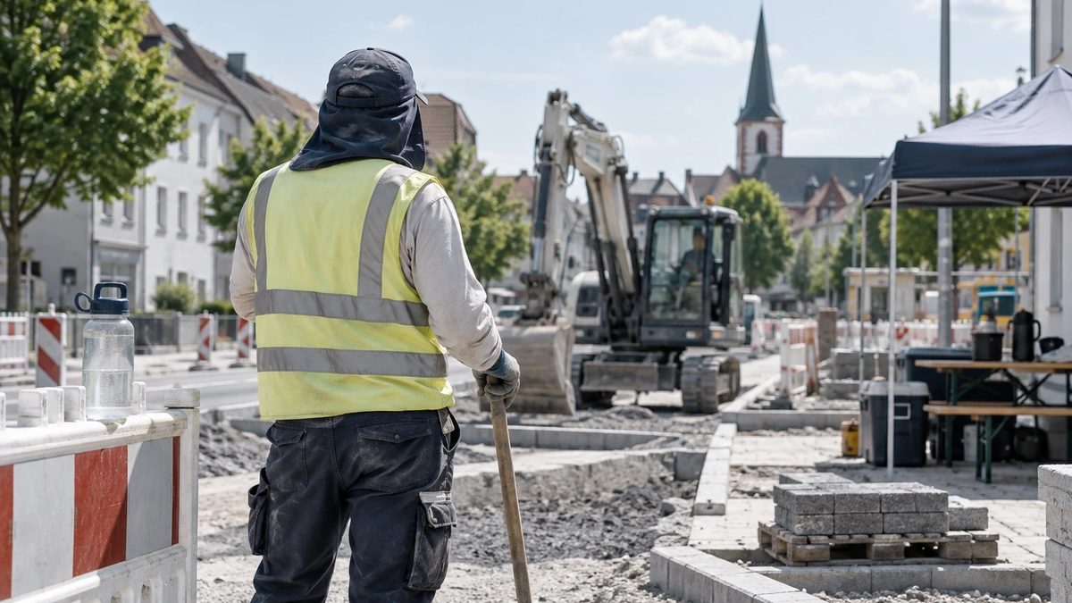 Straßenbauarbeiter von hinten mit Schirmmütze mit Nackenschutz und Warnweste an einem Sommertag, Trinkflasche im Vordergrund