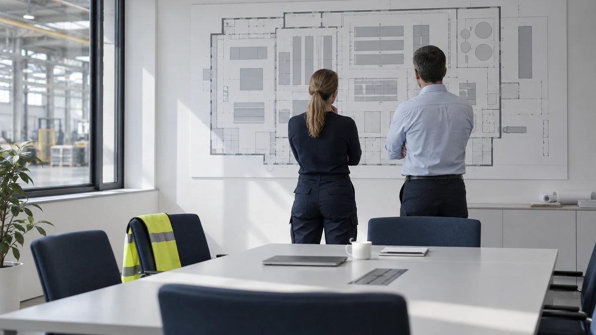 Zwei Personen von hinten vor einem Hallenplan an der Wand eines Besprechungsraums, Warnweste über einer Stuhllehne